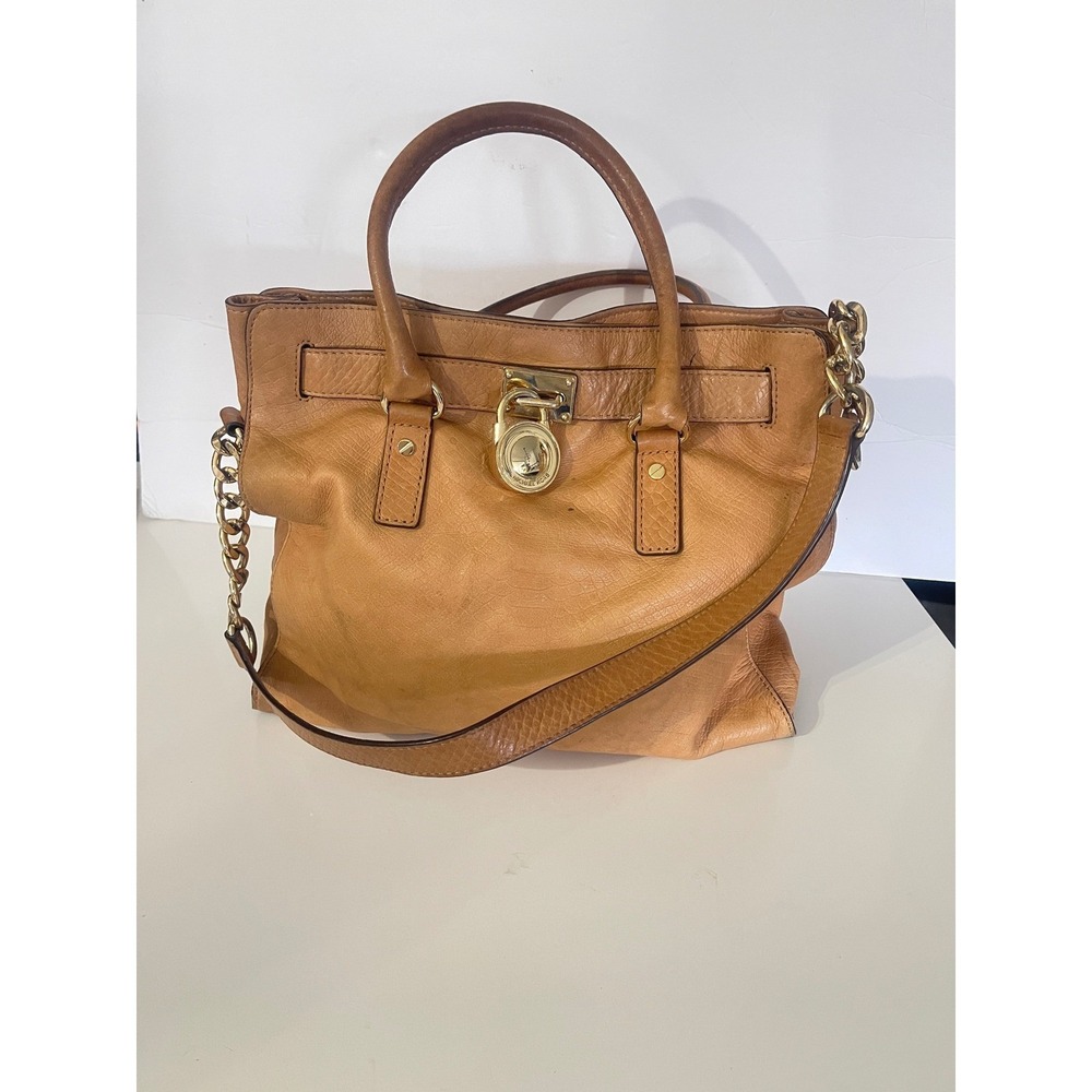 Michael Kors Hamilton Satchel Tan Leather Gold Hardware Chain Strap Lock Tote .